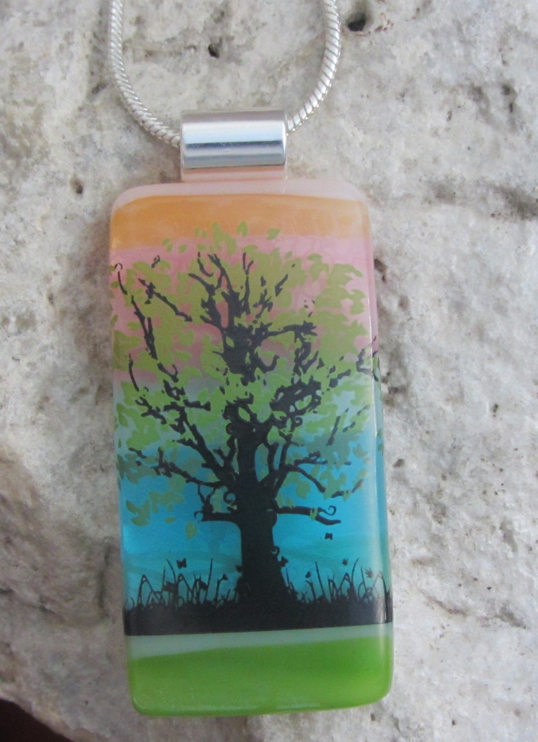 Green Tree Necklace Dichroic Fused Glass Pendant Sunset Tree Etsy