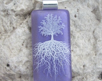 Lilac Tree of Life Necklace Dichroic Fused Glass Purple Tree Pendant
