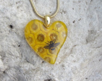 Honey Bee Heart Necklace Fused Glass Yellow Honeycomb Heart Pendant