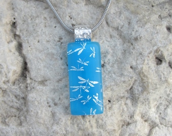 Blue Dragonfly Necklace Fused Dichroic Glass Turquoise and Silver Dragonfly Jewelry