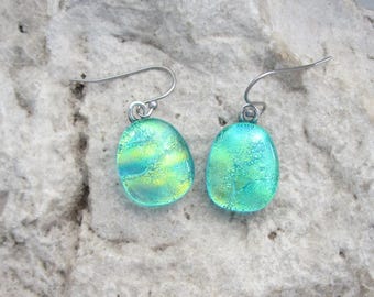 Aqua Blau Grün Ohrringe Geschmolzene Dichroic Glas Blaue Ohrringe