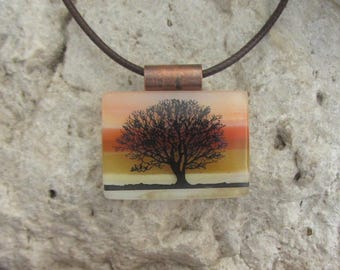 Copper Tree Fused Dichroic Glass Necklace Earth Tones Tree Pendant