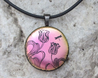 Pink and Black Tulip Necklace Dichroic Fused Glass Pink Dragonfly Tulip Pendant