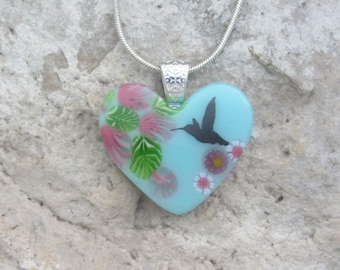 Hummingbird Floral Heart Pendant Fused Glass Fuchsia Garden Heart Necklace