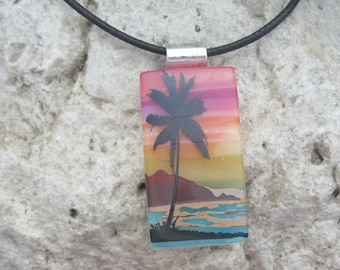 Palm Tree Necklace Fused Glass Sunset Tropical Beach Pendant
