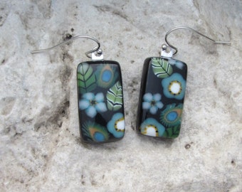 Blue and Black Flower Garden Earrings Fused Glass Flower Earrings