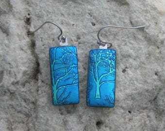 Ohrringe „Blauer Baum“ aus dichroitischem Glas, blauer Schmuck