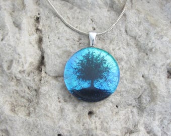 Blue Tree of Life Necklace Dichroic Fused Glass Blue and Black Tree of Life Pendant