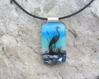 Heron Necklace Fused Glass Pendant Blue Heron Jewelery