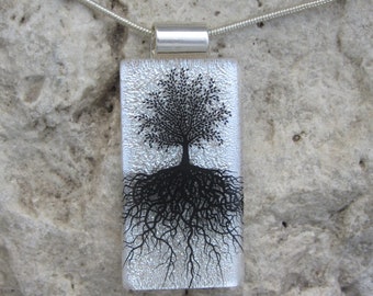 Silver Tree of Life Necklace Dichroic Fused Glass Tree Pendant