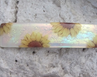 Large Sunflower Barrette Fused Dichroic Glass French Barrette Sunflower Hair Jewelry