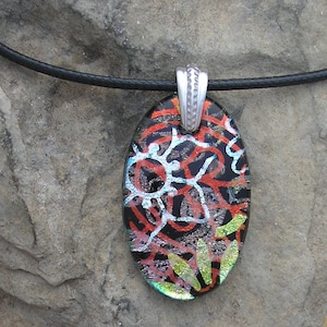 Red Silver Hand Etched Dichroic Necklace Dichroic Glass Pendant Dichroic Jewelry OOAK