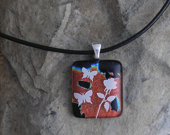 Rose and Butterfly Pendant Dichroic Fused Glass Necklace