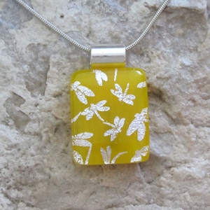 Yellow and Silver Dragonfly Necklace Fused Dichroic Glass Yellow Dragonfly Jewelry