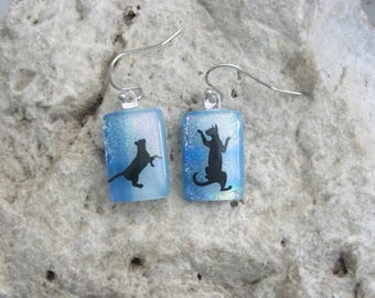 Blaue Katze Ohrringe Verschmolzenen Dichroic Glas Ohrringe Schwarze Katze Schmuck