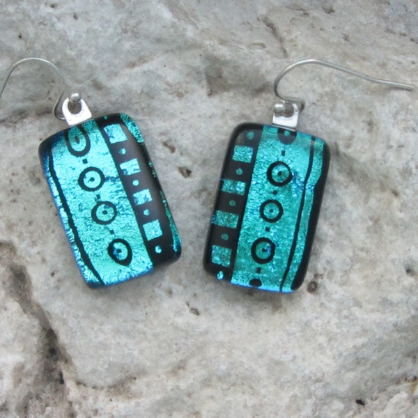 Aqua Blue Etched Earrings Fused Dichroic Glass Earrings