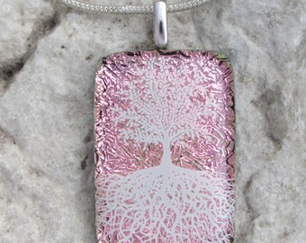 Pink Tree of Life Necklace Dichroic Fused Glass Pink and White Tree Pendant