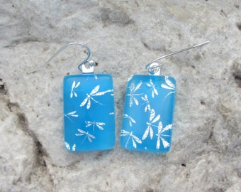 Dragonfly Earrings Fused Dichroic Glass Blue and Silver Dragonfly Jewelry