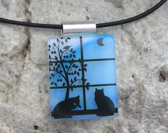 Cat Jewelry Cat Necklace Fused Dichroic Glass Blue Two Cats Pendant