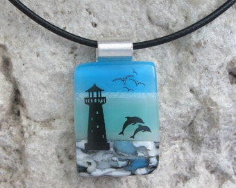 Lighthouse Necklace Dichroic Fused Glass Pendant Blue Dolphin Jewelery