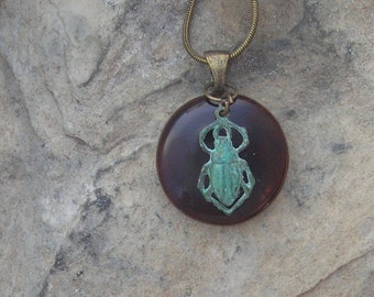 Beetle Necklace Fused Glass Earthy Insect Pendant