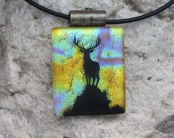 Mountain Buck Pendant Fused Dichroic Glass Deer Necklace