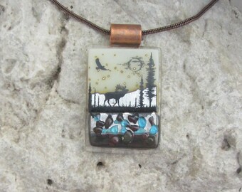 Moose Necklace Fused Glass Earthy Copper Moose Pendant