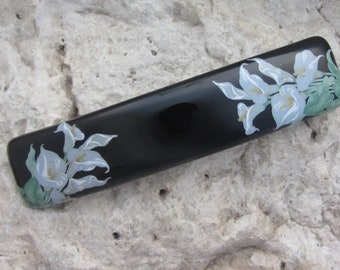 Large Calla Lily  Barrette Fused Dichroic Glass Barrette  Large Floral Black and White French Barrette