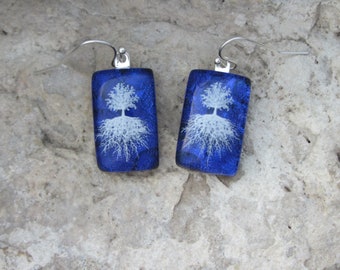 Tree of Life Earrings Fused Dichroic Glass Blue Tree Root Earrings