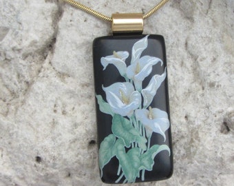 Calla Lily Necklace Fused Glass Black and Gold Floral Pendant