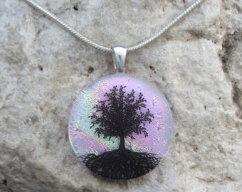 Pink Rainbow Tree of Life Necklace Dichroic Fused Glass Pink Tree Pendant