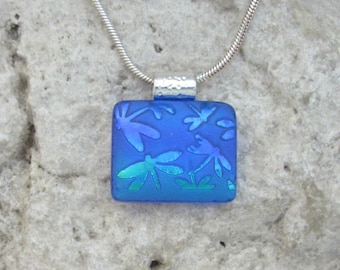 Dragonfly Necklace Fused Dichroic Glass Blue Dragonfly Jewelry