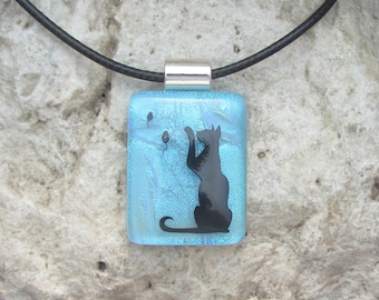 Blue Cat Necklace Fused Dichroic Glass Pendant Cat and Mouse Jewelry