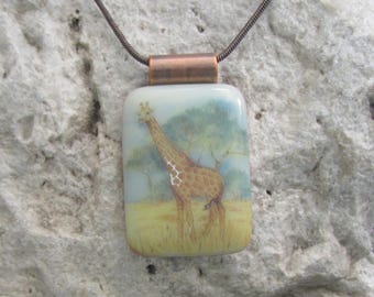 Giraffe Necklace Fused Glass Copper Giraffe Pendant