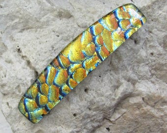 XL Blue Gold Orange Barrette Fused Dichroic Glass Earth Tones Barrette X Large Genuine French Barrette