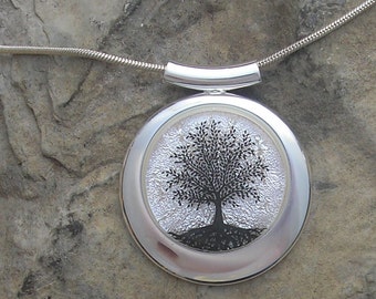 Silver Tree of Life Necklace Dichroic Fused Glass Tree Pendant