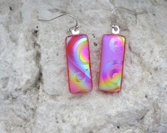 Rainbow Earrings Fused Dichroic Glass Happy Fuchsia Orange Earrings