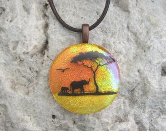 Large Africa Elephant Necklace Dichroic Fused Glass Baby Elephant Pendant