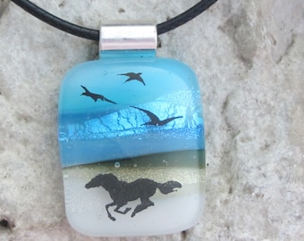 Horse Necklace Dichroic Fused Glass Pendant Beach Horse Jewelery