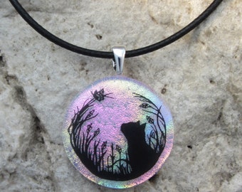 Cat Necklace Fused Dichroic Glass Pendant Pink Cat Jewelry