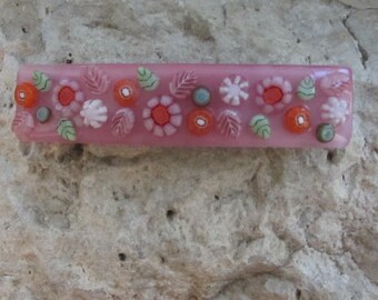 Handmade Pink Dichroic Glass Bar Hair Barrette France Small Pink Rainbow Barrette Fused Dichroic Glass Genuine  main image 2