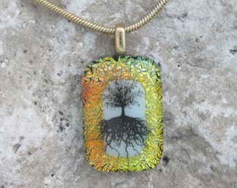 Tiny Tree of Life Pendant Dichroic Fused Glass Gold Tree Necklace Jewelry