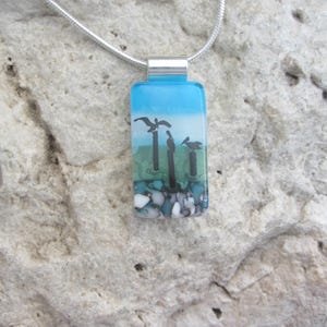 Pelican Necklace Fused Glass Pendant Three Pelicans Jewelery
