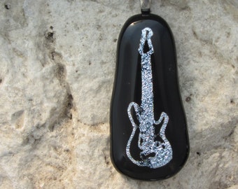 Electric Guitar Pendant Silver Guitar Necklace Dichroic Fused Glass Music Jewelry