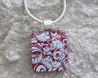 Red and Silver Plume Necklace Fused Dichroic Glass Red Pendant