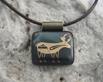 Elk Necklace Fused Glass Bronze Deer Pendant