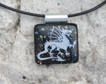 Dragon Necklace Dichroic Glass Black Rainbow Dragon Pendant