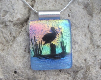 Pelican Pendant Fused Dichroic Glass Pelican Necklace