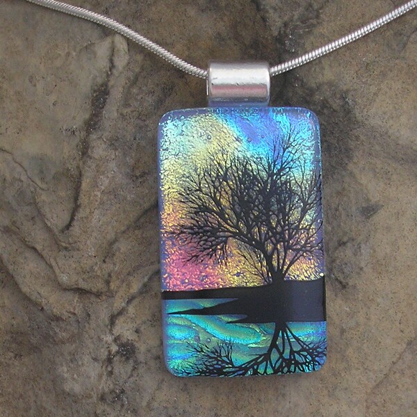 Sunset Reflection Tree Necklace Dichroic Fused Glass Lake Tree Pendant