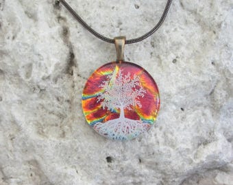 Red and Copper Tree of Life Necklace Dichroic Glass Copper Tree of Life Pendant